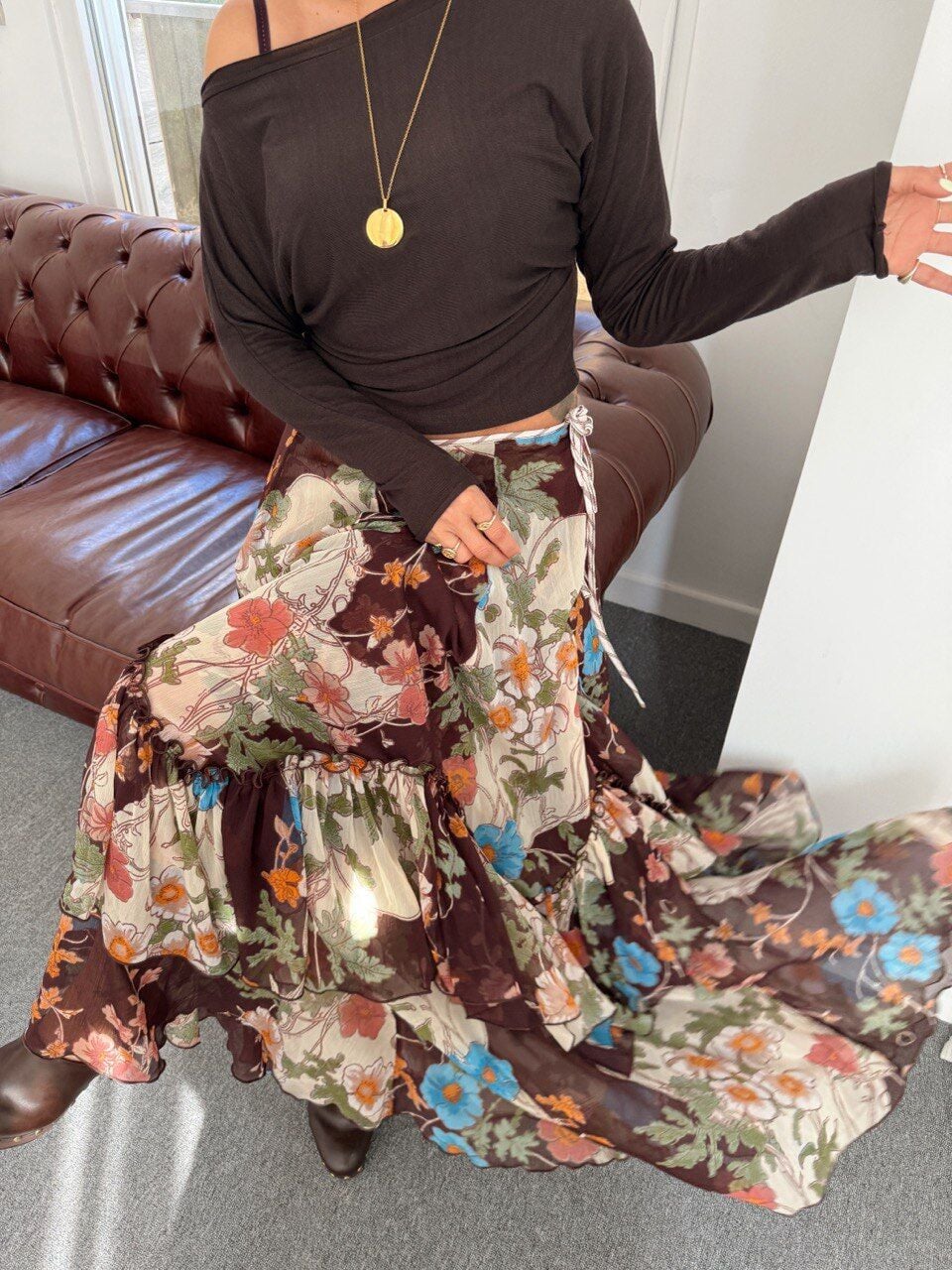 KAHVE ÇİÇEK DESEN MAXI ITHAL ETEK