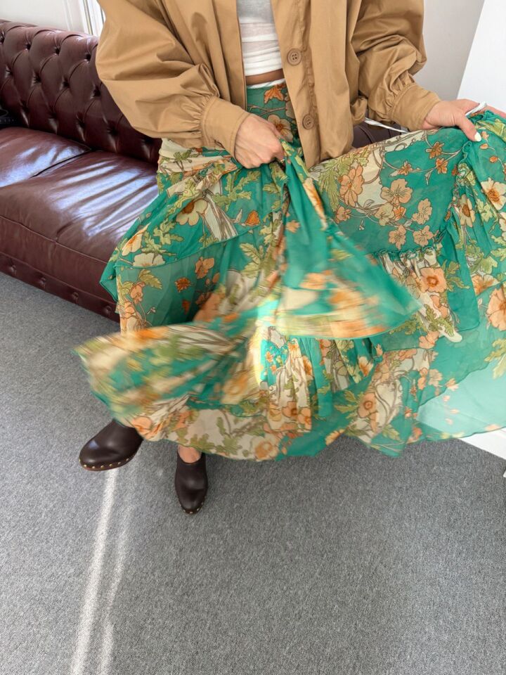 YEŞİL ÇİÇEK DESEN MAXI ITHAL ETEK