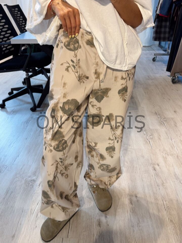 BEJ FLORAL PRINT PANTOLON (ÖN SİPARİŞ)