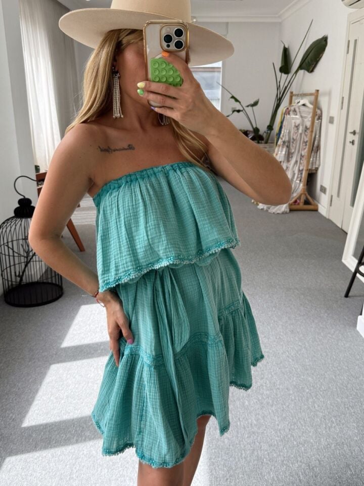 TURKUAZ ORGANİK MUSLİN  STRAPLEZ İTHAL ELBİSE