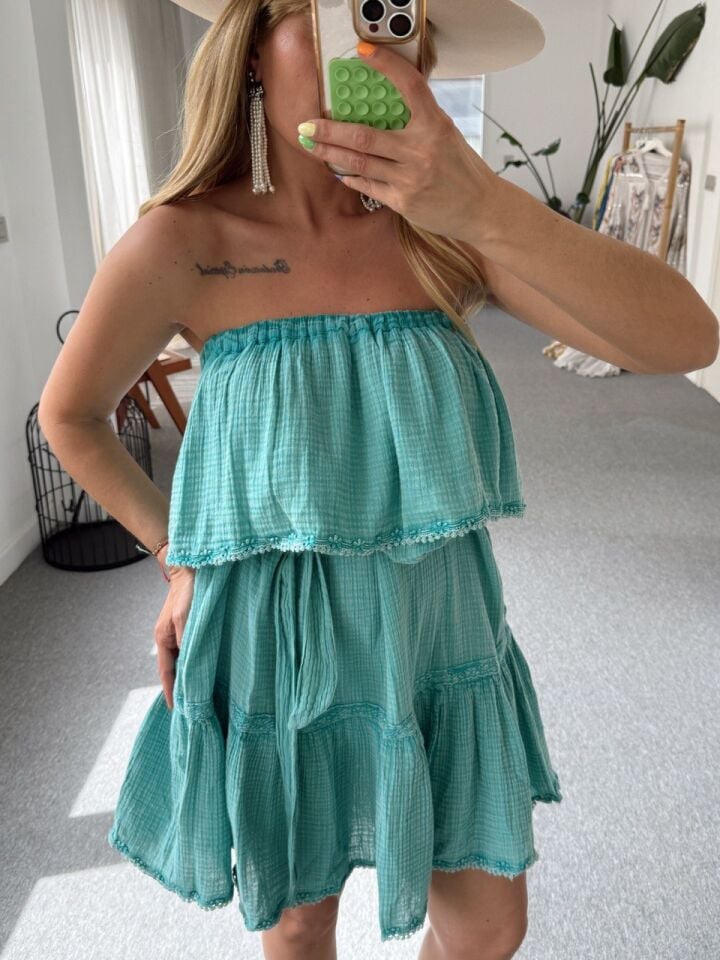 TURKUAZ ORGANİK MUSLİN  STRAPLEZ İTHAL ELBİSE