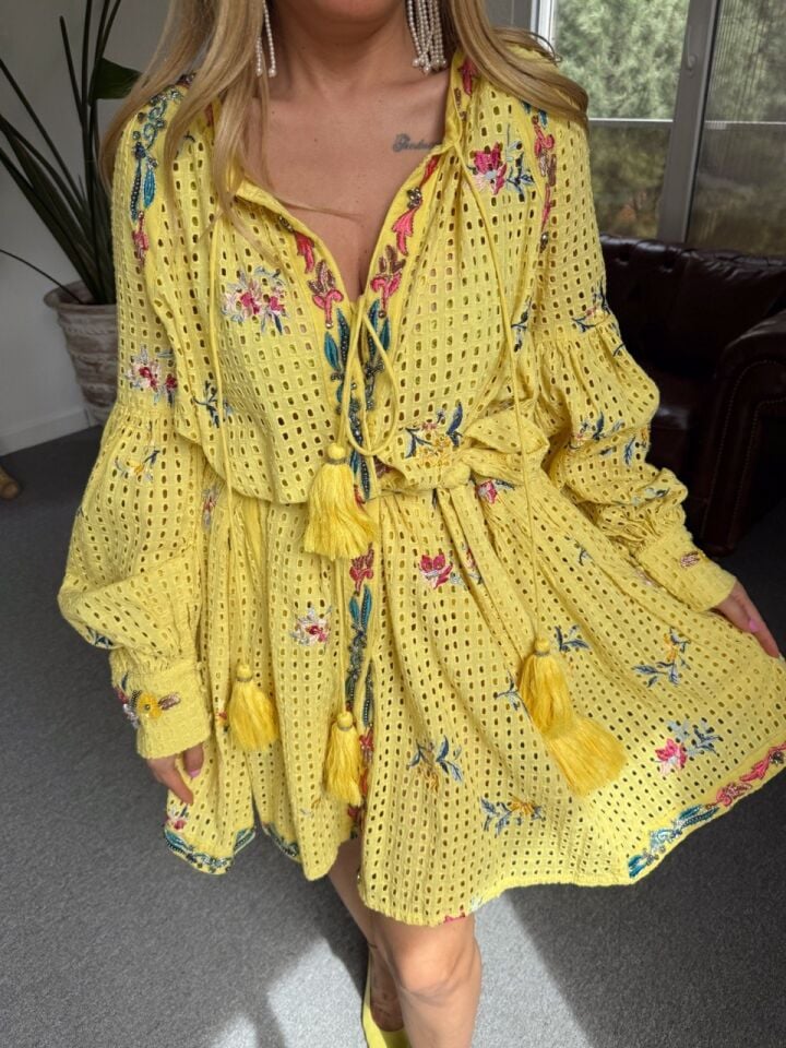 SARI NAKIŞ İŞLEMELİ  FİSTO İTHAL ELBİSE