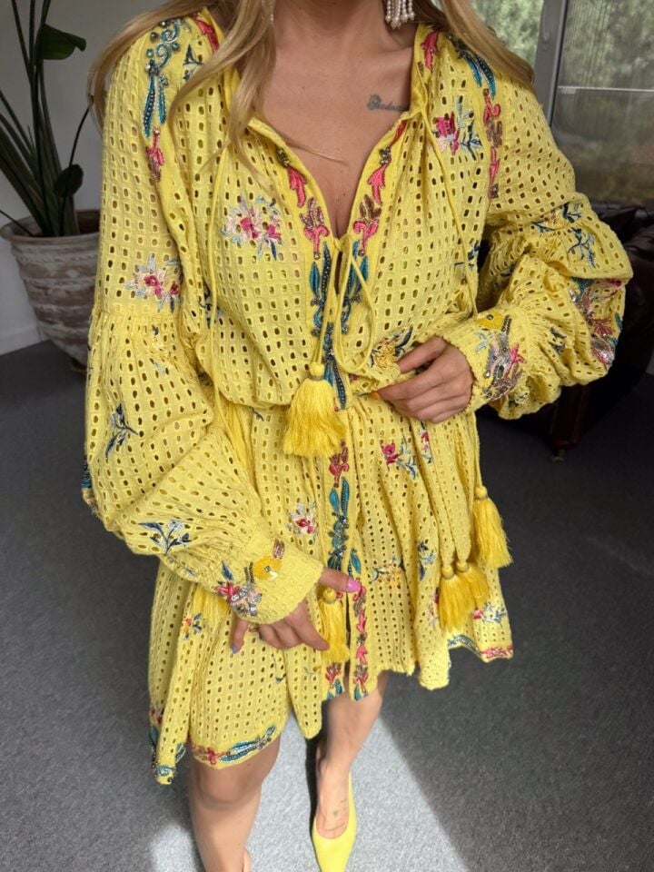 SARI NAKIŞ İŞLEMELİ  FİSTO İTHAL ELBİSE