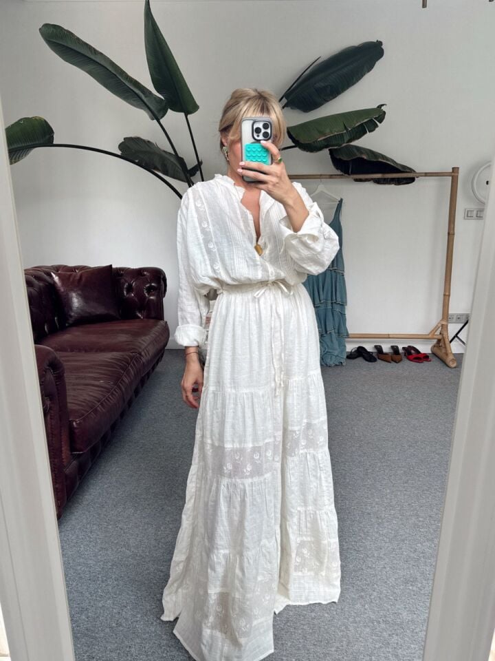 KREM BELDEN BAĞLAMALI MAXI İTHAL ELBİSE