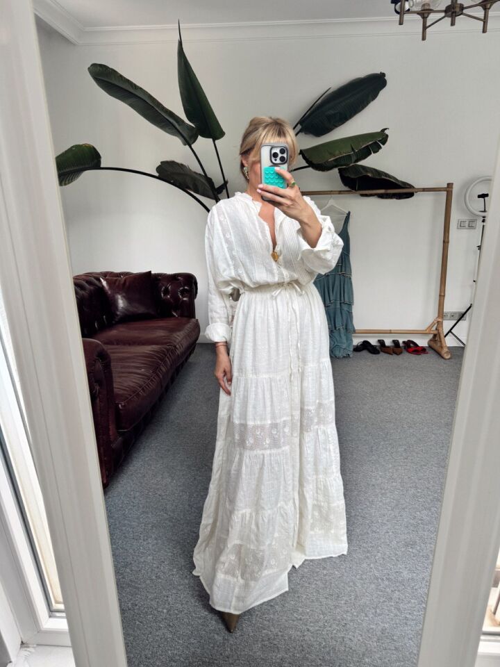 KREM BELDEN BAĞLAMALI MAXI İTHAL ELBİSE