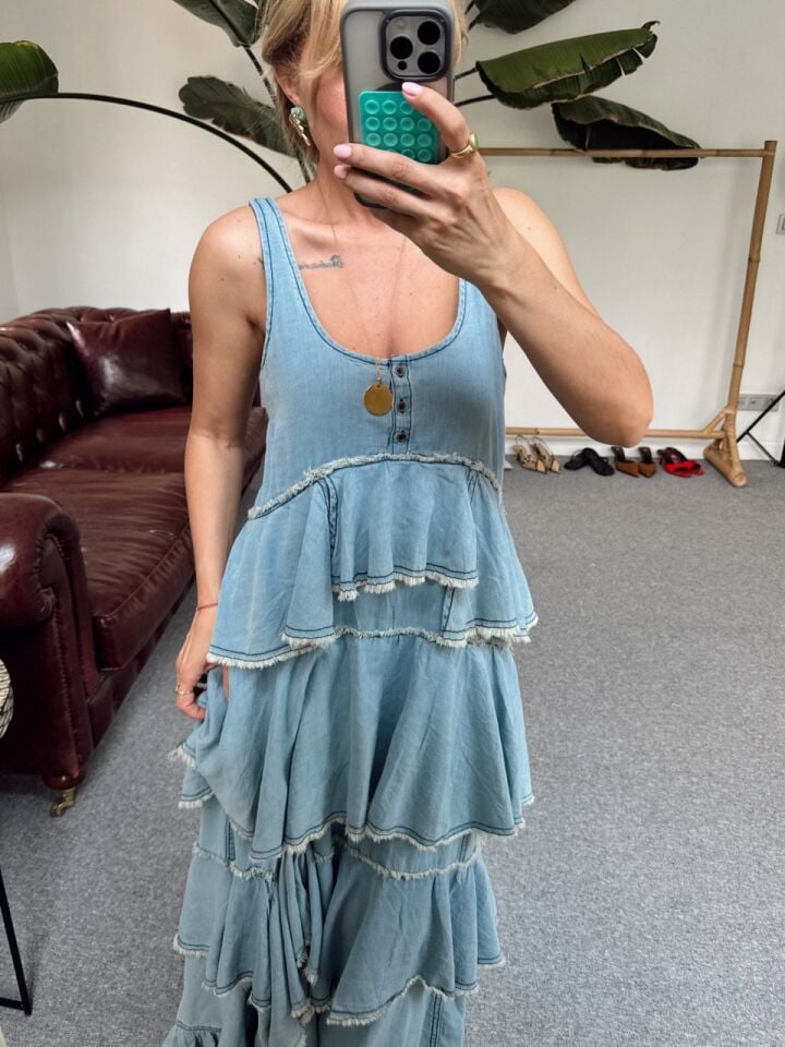 DENIM TENSEL KUMAŞ FIRFIR DETAY İTHAL ELBİSE