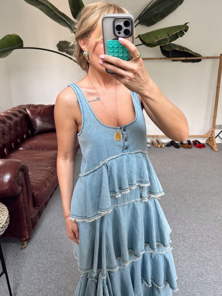 DENIM TENSEL KUMAŞ FIRFIR DETAY İTHAL ELBİSE