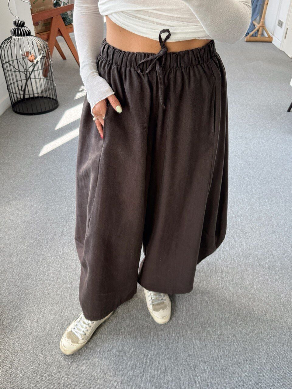 ACI KAHVE TENSEL ŞALVAR PANTOLON