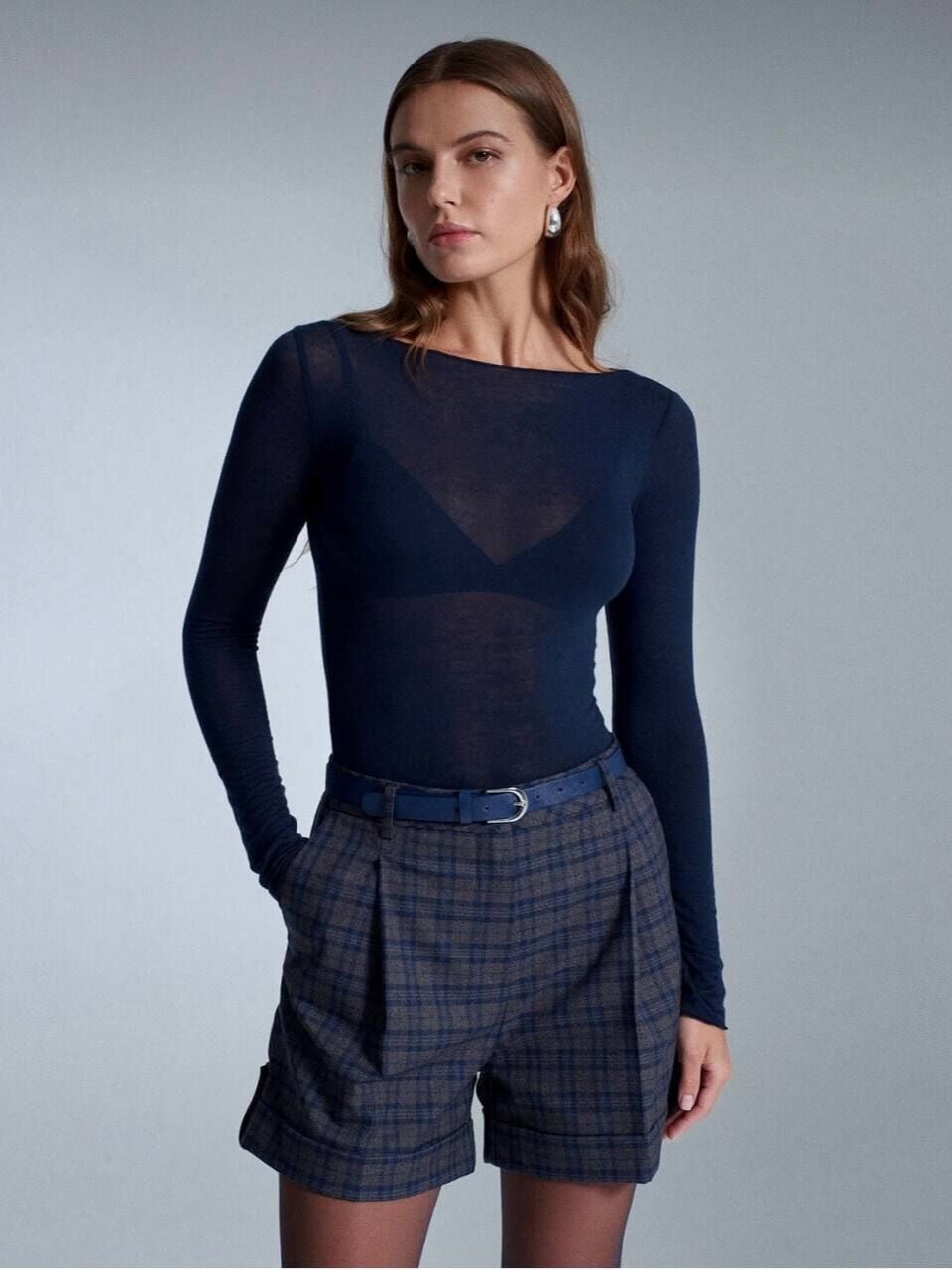 LACİVERT KAYIK YAKA MODAL KAŞMİR BLUZ