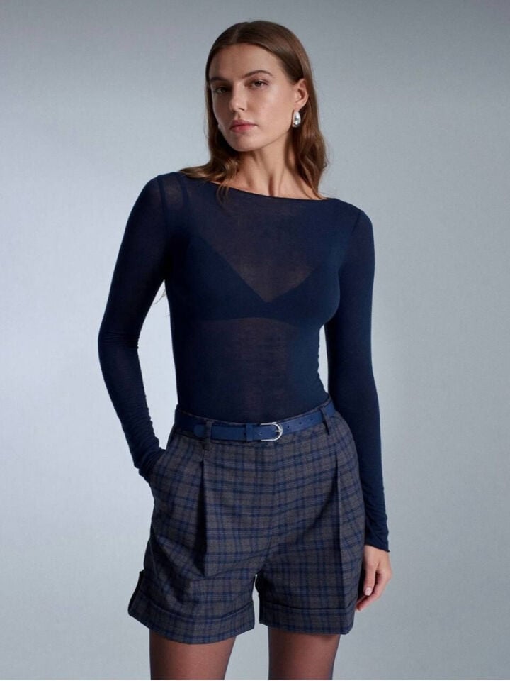 LACİVERT KAYIK YAKA MODAL KAŞMİR BLUZ
