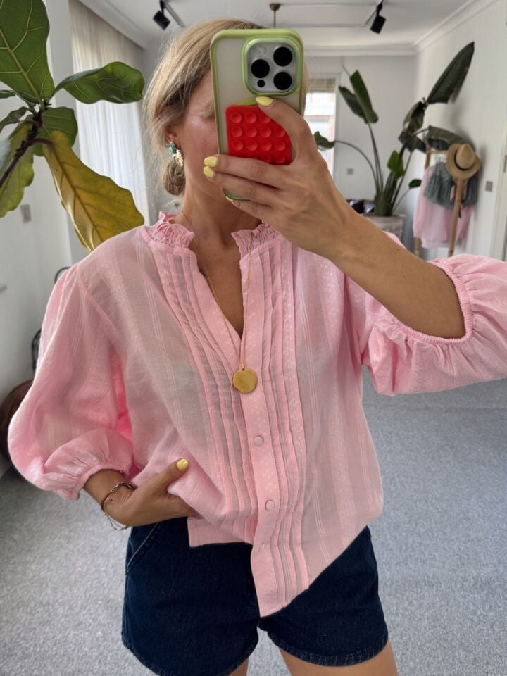 PEMBE NERVÜR DETAYLI BALON KOL GÖMLEK