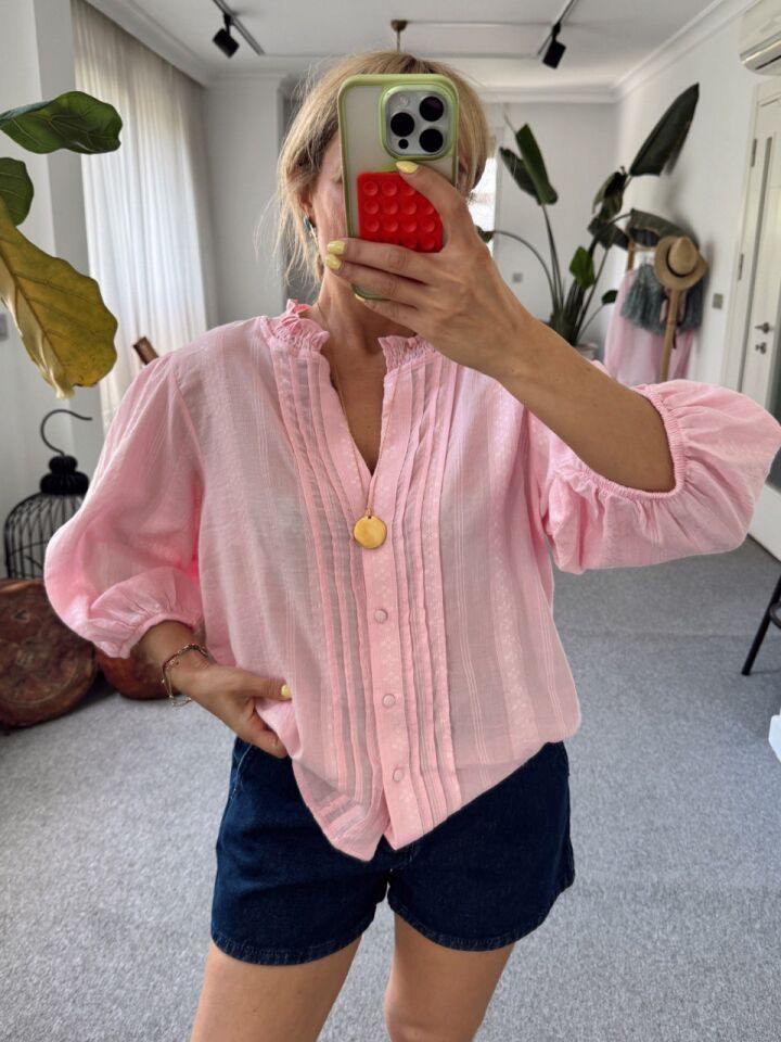 PEMBE NERVÜR DETAYLI BALON KOL GÖMLEK