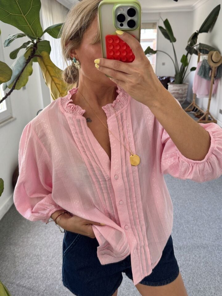 PEMBE NERVÜR DETAYLI BALON KOL GÖMLEK