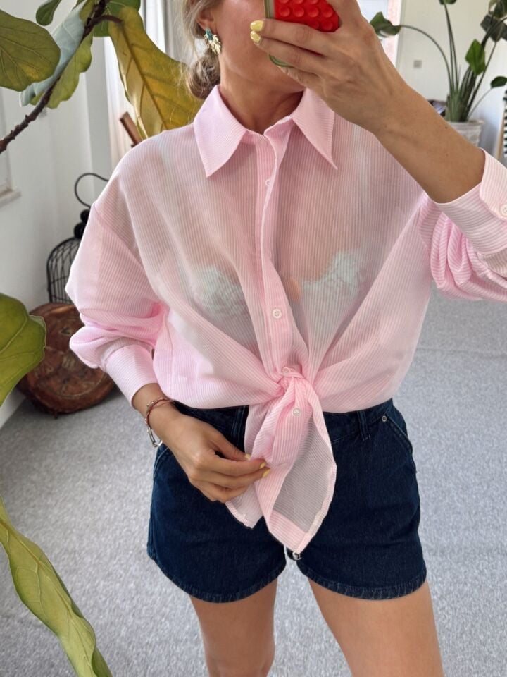 TRANSPARAN PEMBE ÇİZGİLİ GÖMLEK