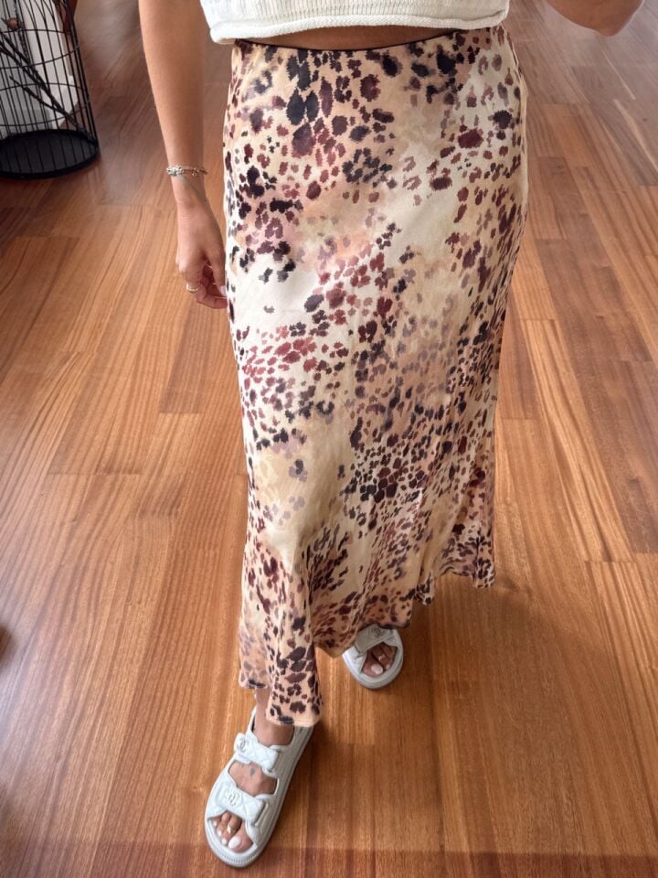 AÇIK KAHVE DESENLİ SATEN VEREV ETEK