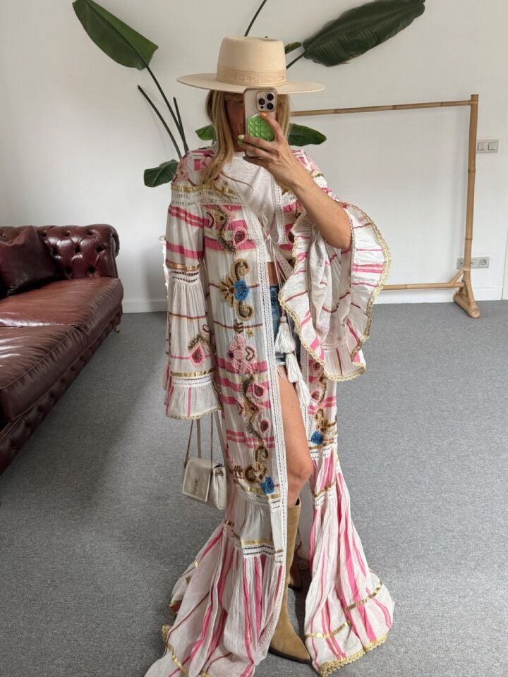 PEMBE İTHAL BOHO FESTİVAL KİMONO