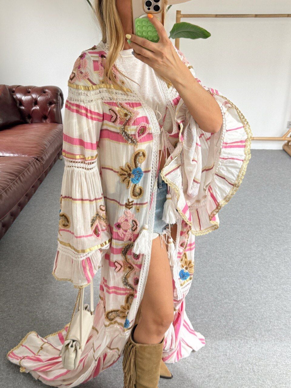 PEMBE İTHAL BOHO FESTİVAL KİMONO