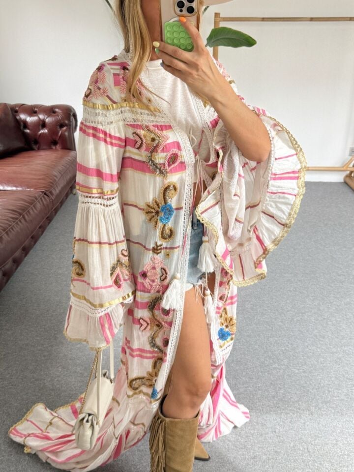 PEMBE İTHAL BOHO FESTİVAL KİMONO