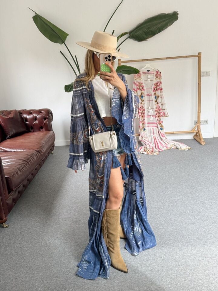 MAVİ İTHAL BOHO FESTİVAL KİMONO