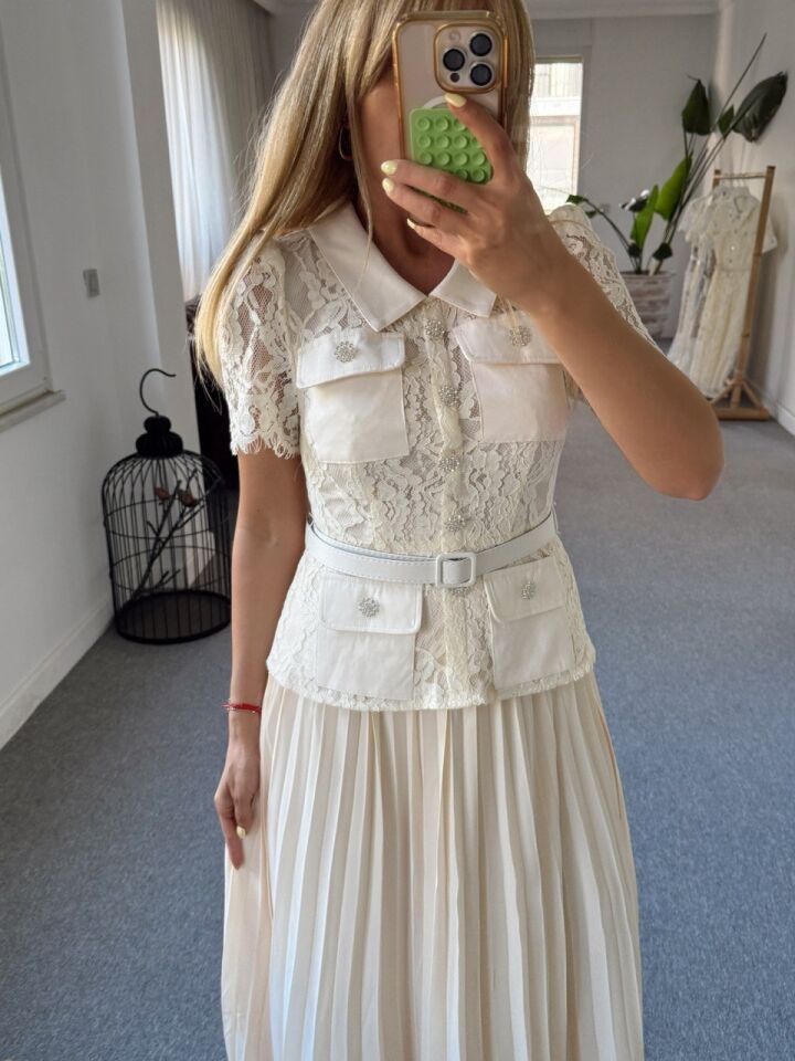 BEYAZ DANTELLİ ŞİFON PİLELİ İTHAL ELBİSE