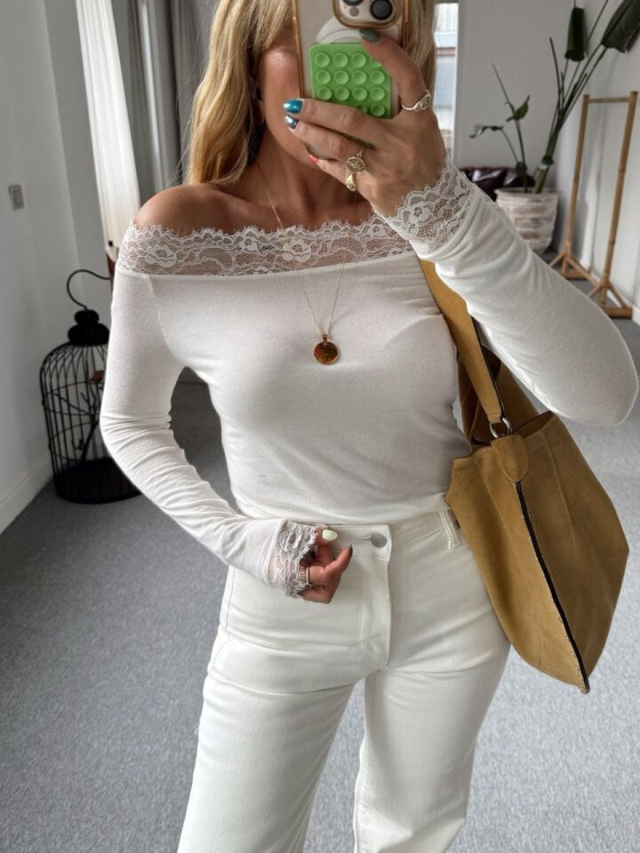 EKRU MADONNA YAKA DANTEL DETAY BLUZ