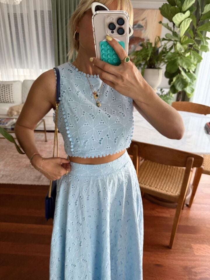 BEBE MAVİ FİSTO İŞLEMELİ ETEK BLUZ