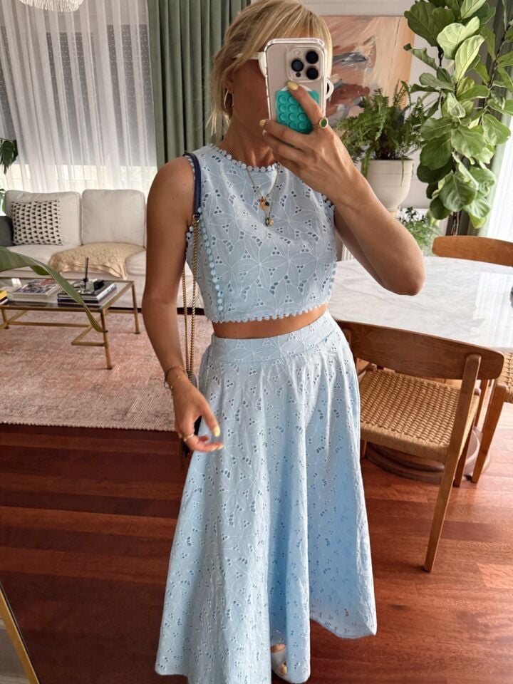 BEBE MAVİ FİSTO İŞLEMELİ ETEK BLUZ