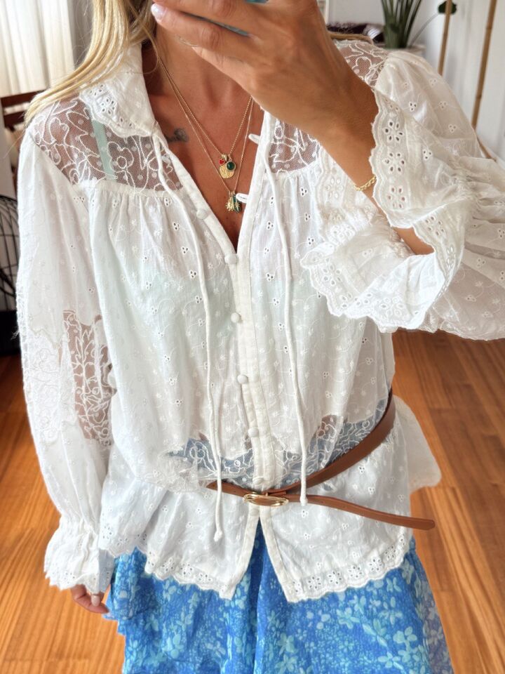 BEYAZ DANTEL PARÇALI FİSTO İTHAL BLUZ