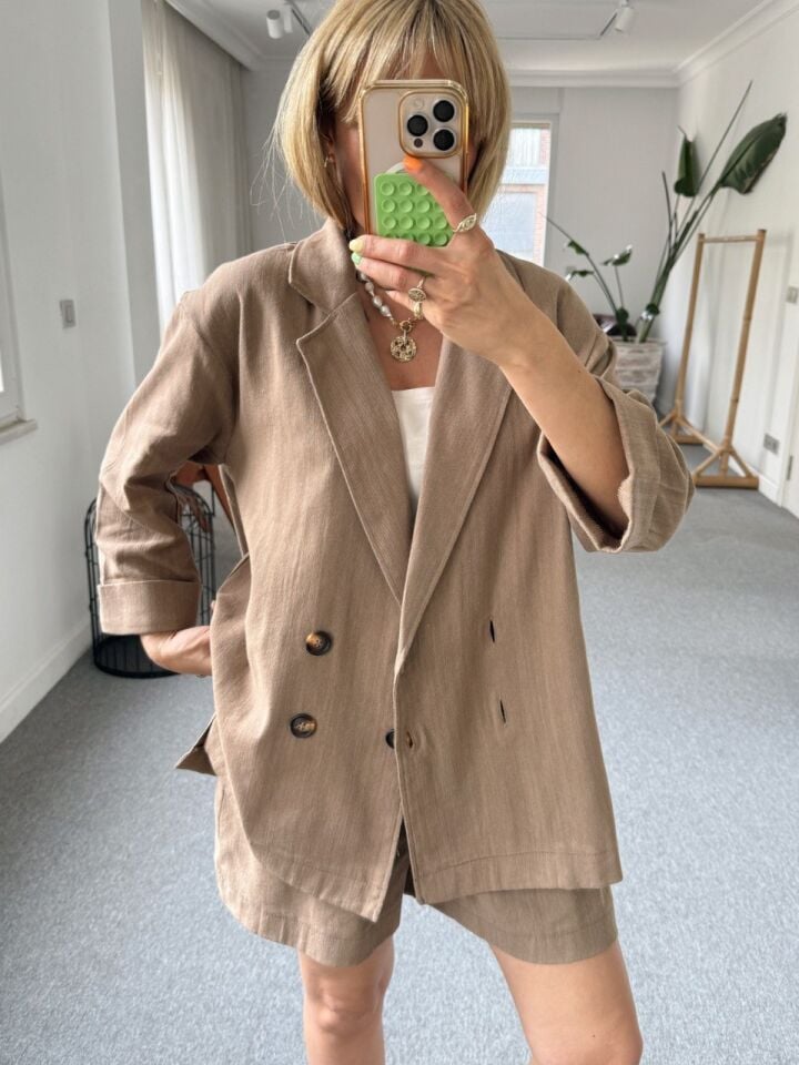 KAHVE KETEN ŞORT GÖMLEK TAKIM