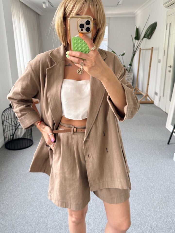 KAHVE KETEN ŞORT GÖMLEK TAKIM