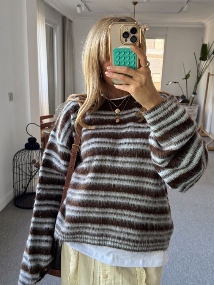 KAHVE-MAVİ ÇİZGİLİ TRİKO