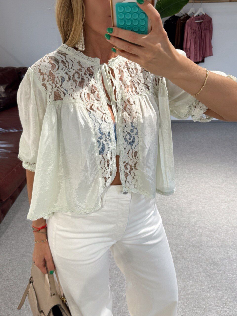 SU YEŞİLİ  BAĞLAMALI SATEN İTHAL BLUZ