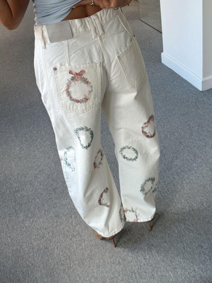 EKRU ÇİÇEKLİ BARREL JEAN