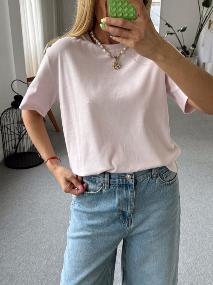 PEMBE PAMUKLU BİSİKLET YAKA TSHIRT