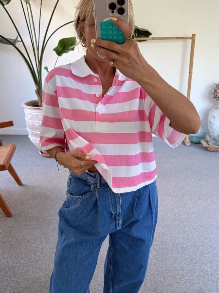 PEMBE ÇİZGİLİ POLO YAKA TSHİRT