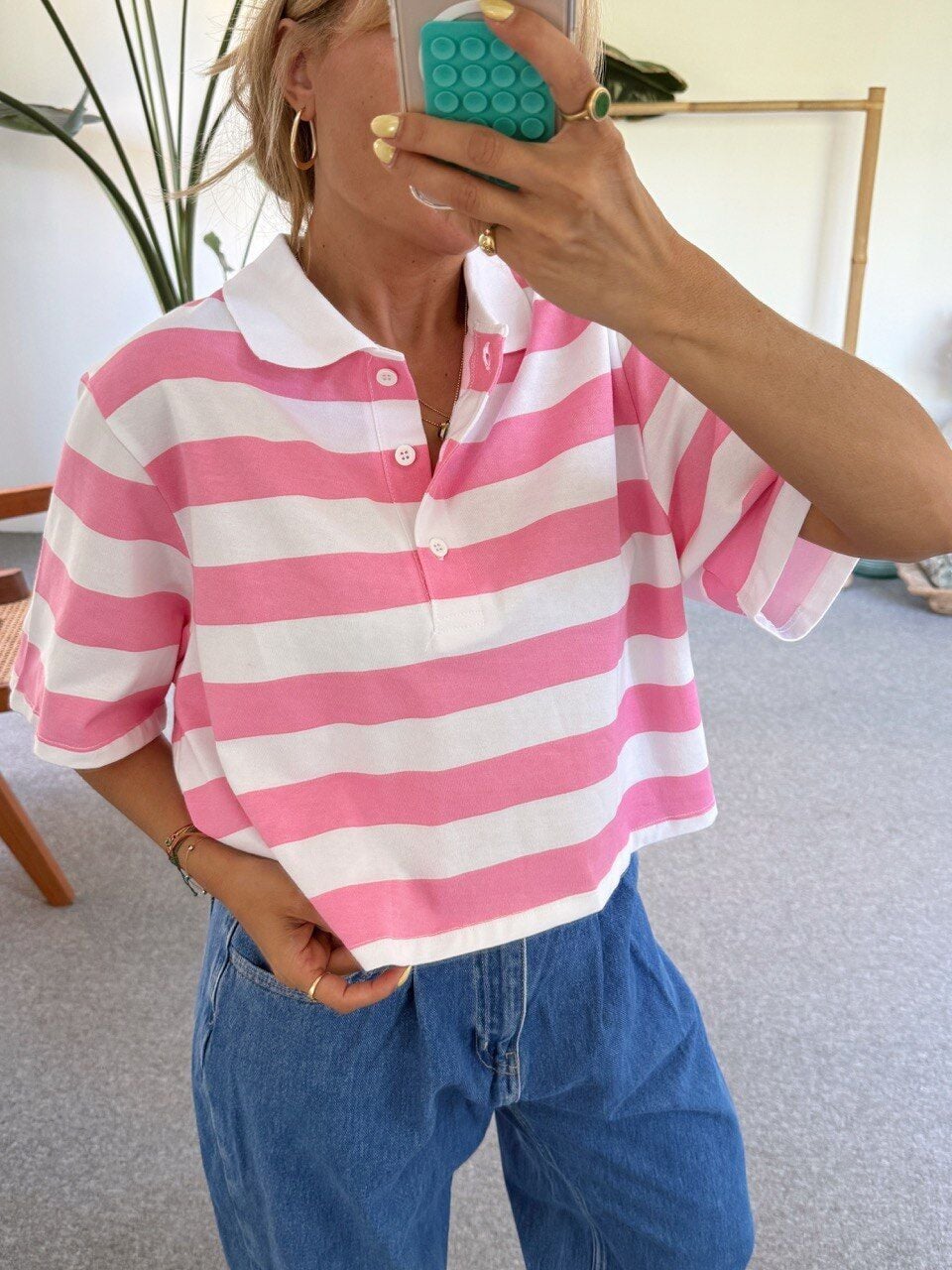 PEMBE ÇİZGİLİ POLO YAKA TSHİRT