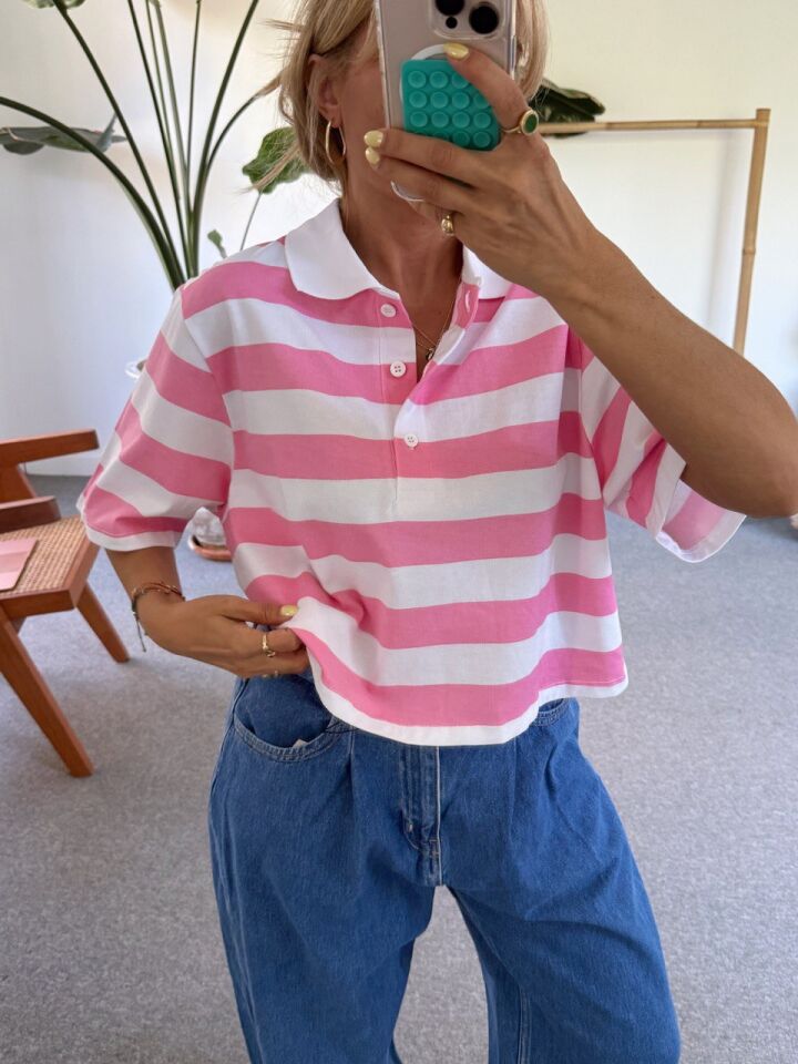 PEMBE ÇİZGİLİ POLO YAKA TSHİRT