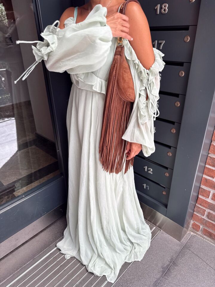 SU YEŞİLİ ASTARLI ŞİFON İTHAL ELBİSE