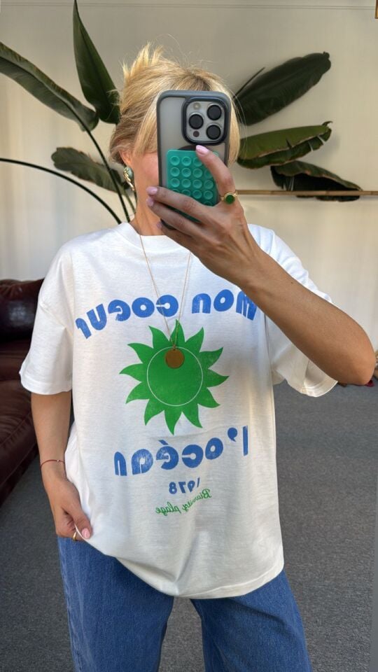 MAVİ-YEŞİL BASKILI PAMUKLU TSHIRT