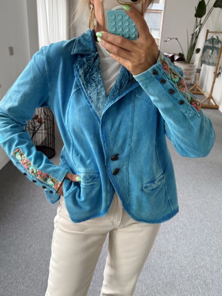 MAVİ KADİFE DETAY İTHAL CEKET