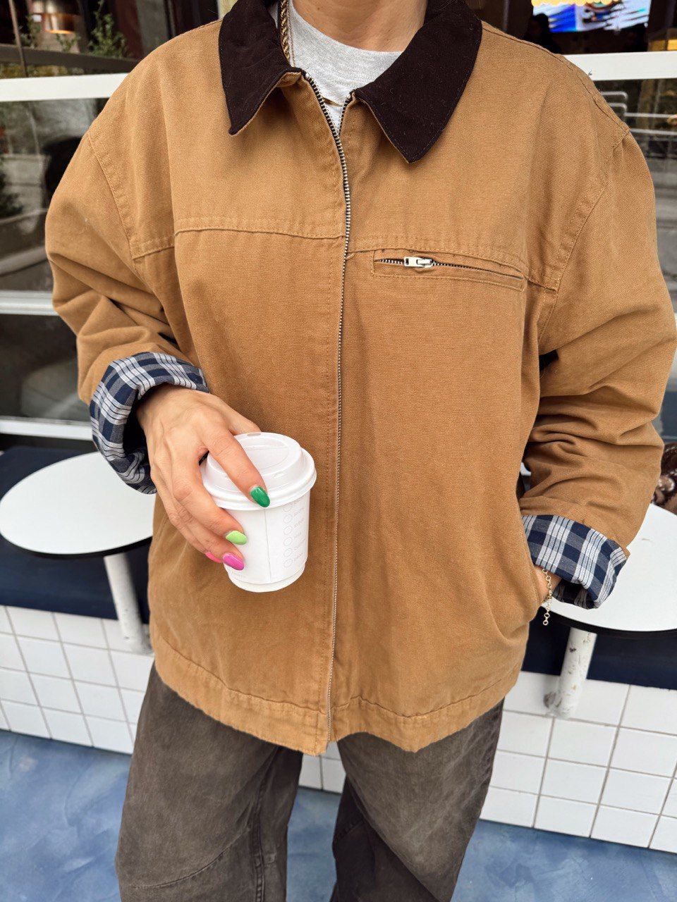 TABA RENGİ KONTRAST YAKA CEKET