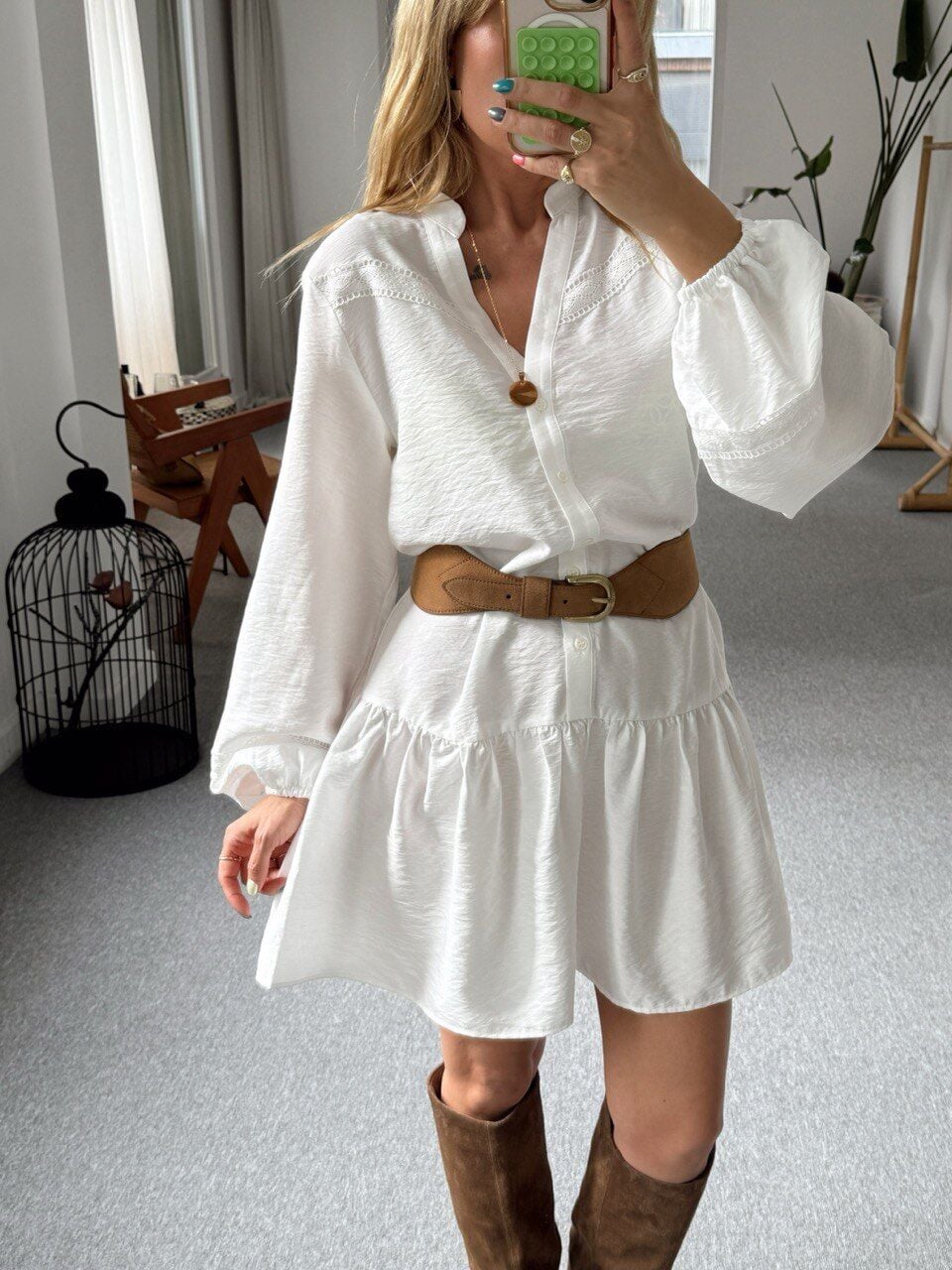 BEYAZ DANTEL DETAY ELBİSE