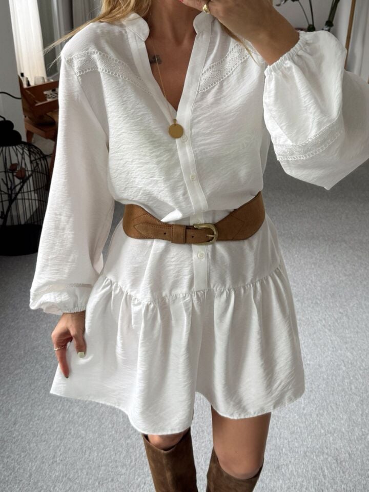 BEYAZ DANTEL DETAY ELBİSE