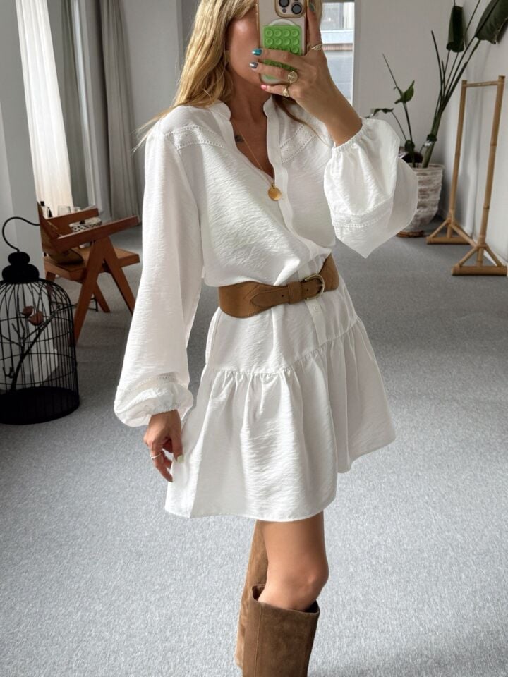 BEYAZ DANTEL DETAY ELBİSE