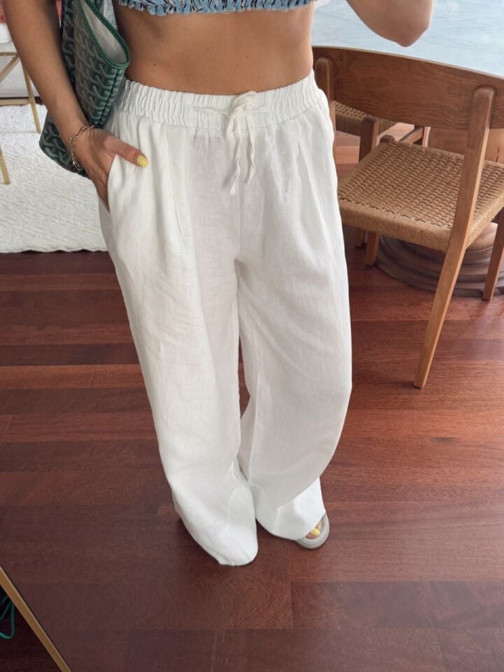 BEYAZ BELİ LASTİKLİ KETEN PANTOLON