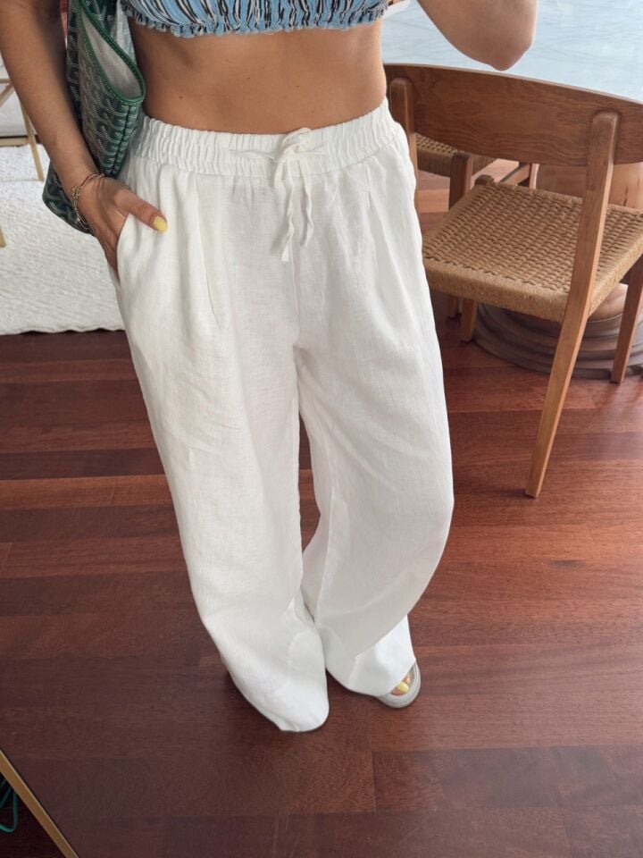 BEYAZ BELİ LASTİKLİ KETEN PANTOLON