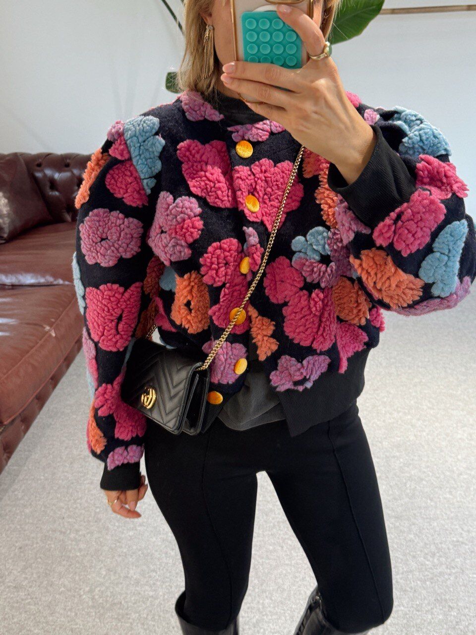 PEMBE-SİYAH ÇİÇEKLİ BALON KOL İTHAL CEKET HIRKA