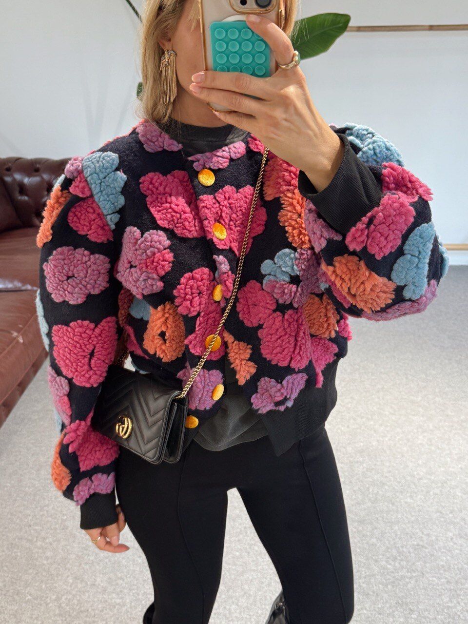 PEMBE-SİYAH ÇİÇEKLİ BALON KOL İTHAL CEKET HIRKA