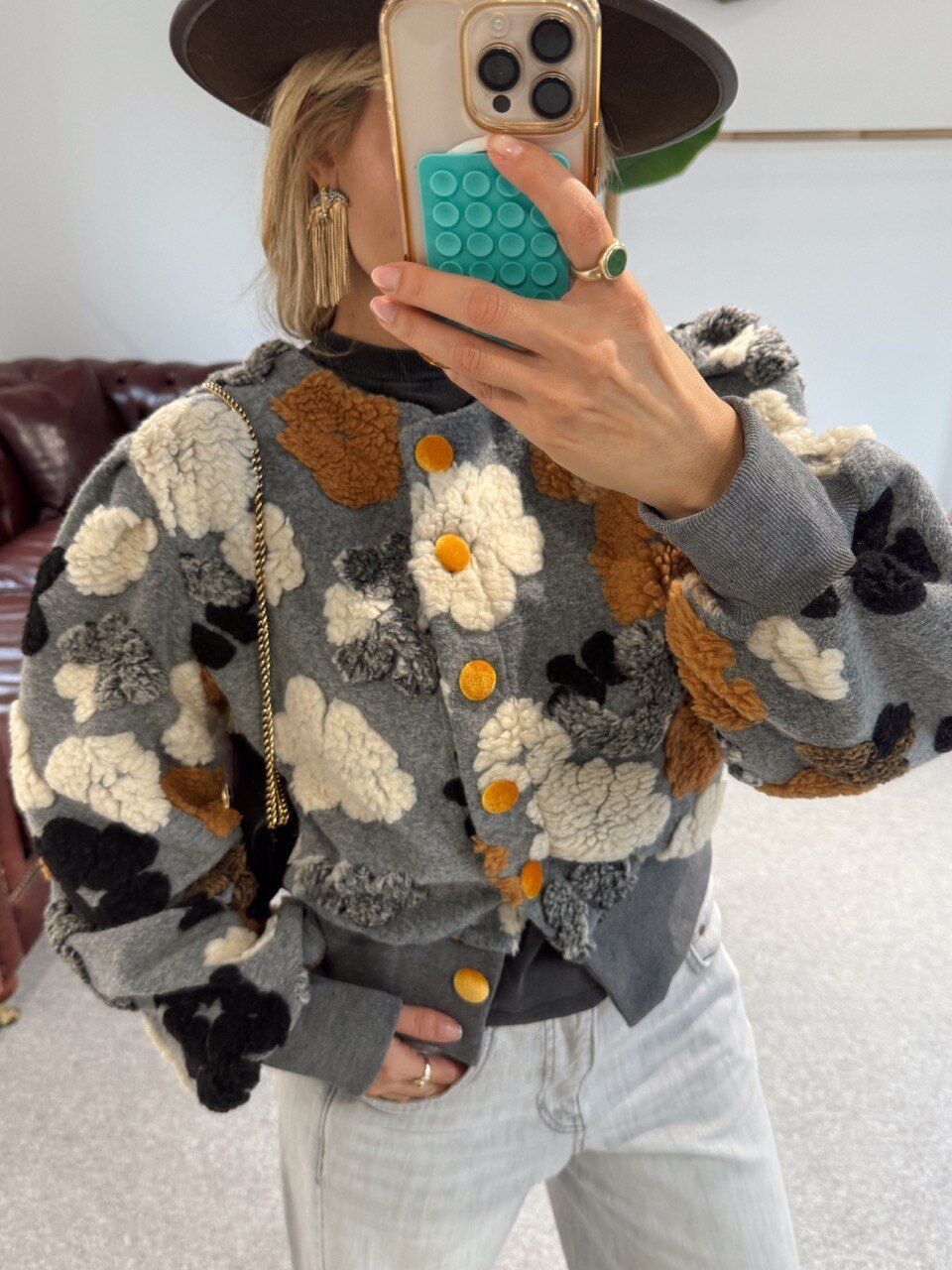 GRİ ÇİÇEKLİ BALON KOL İTHAL CEKET HIRKA