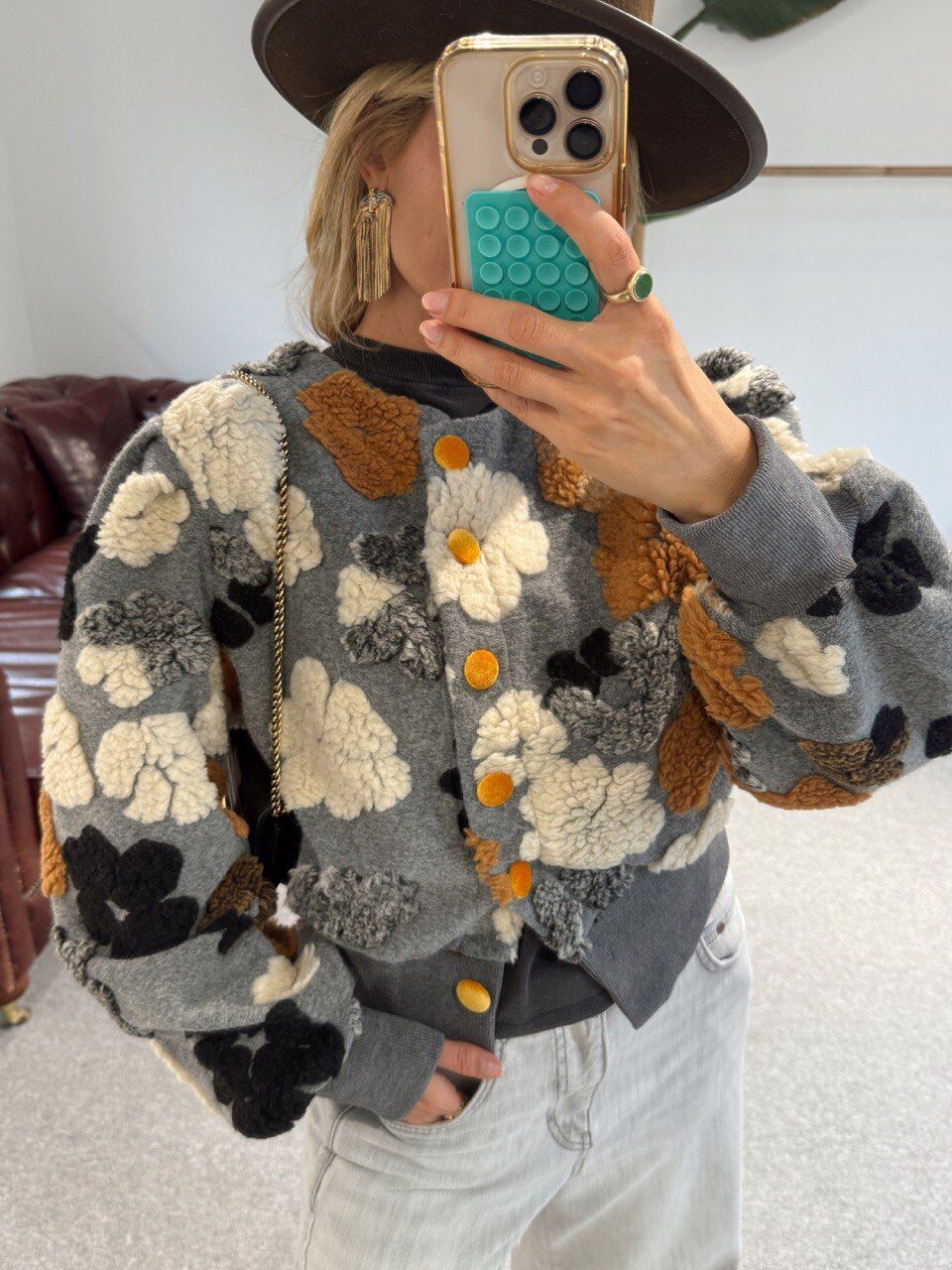 GRİ ÇİÇEKLİ BALON KOL İTHAL CEKET HIRKA